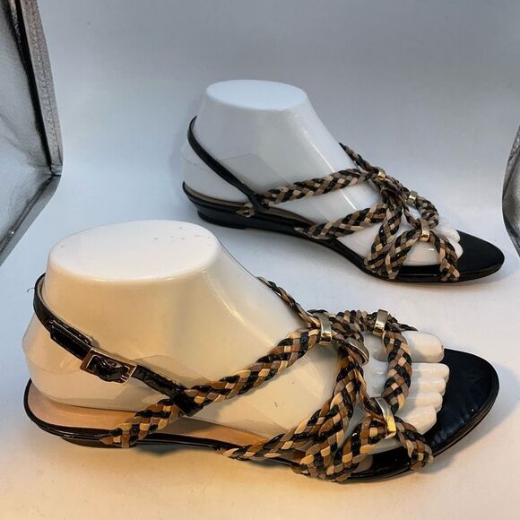 Loeffler Randal Ladies Sandals 8 Black Gold Beige Patent Leather Flats Shoes - Picture 4 of 15